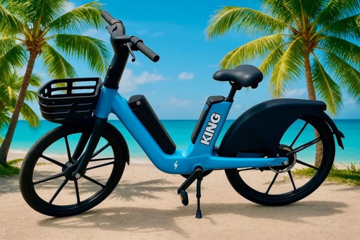 Blue electric bike with 'KING' logo on beach, palm trees in background.