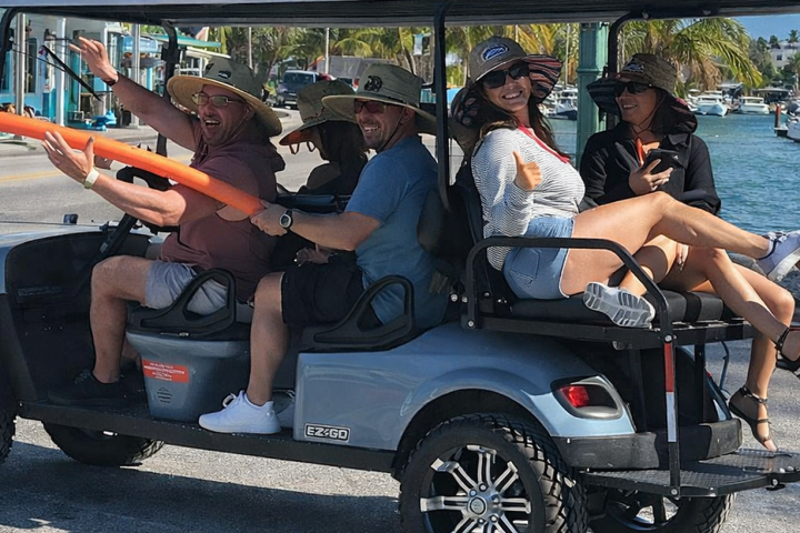 Group of people riding a golf cart near a harbor, holding a pool noodle, with a chicken on the street.