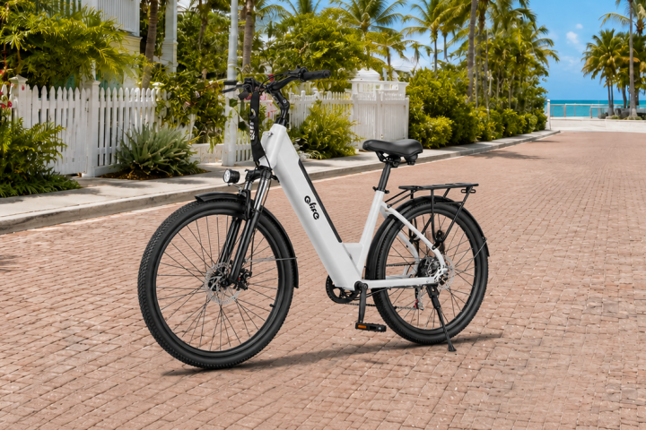 Electric bike on a sunny street with palm trees and ocean view.