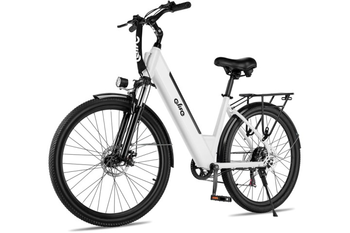 White e-bike with step-through frame and black accents, rear rack, and thick tires.