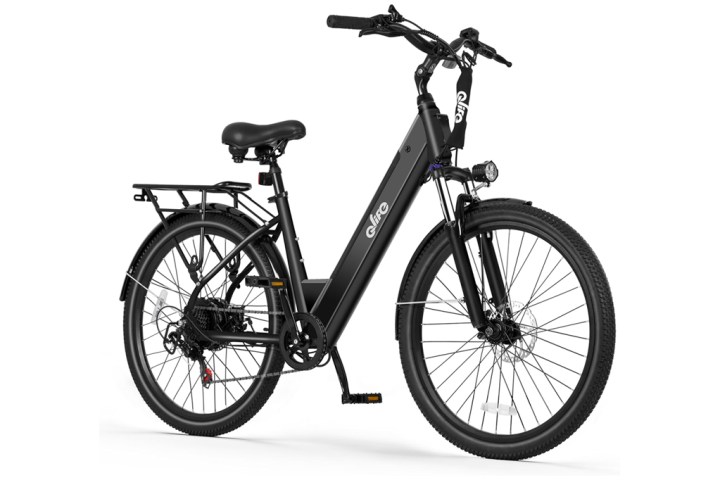 Black electric bicycle with step-through frame and rear cargo rack.