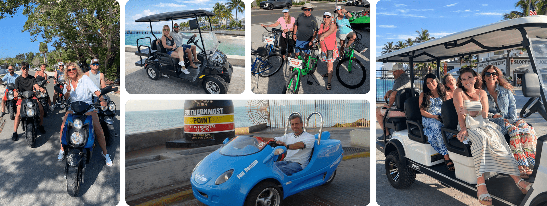 Collage of people enjoying rides on scooters, buggies, and a golf cart by the beach.