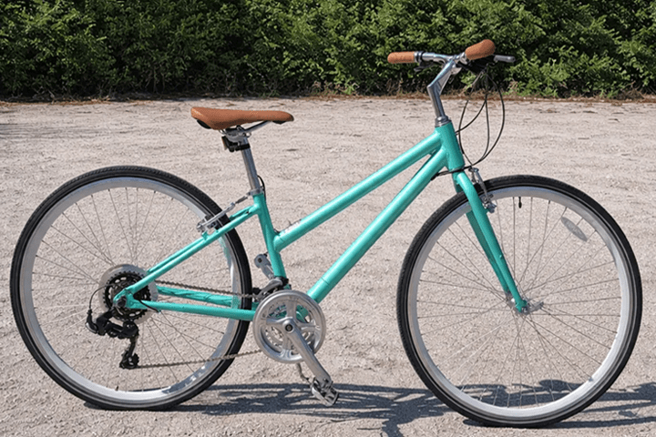 Teal bicycle with brown saddle and grips, parked on gravel with green bushes in background.