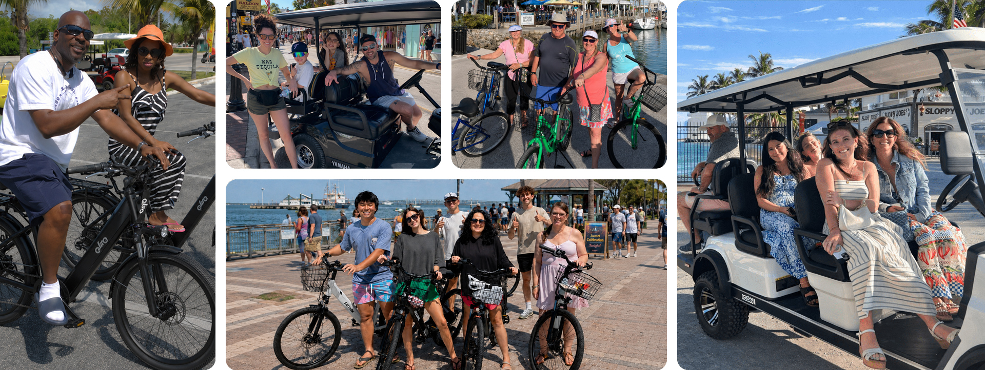People enjoying a sunny day on bikes and a golf cart by the waterfront.