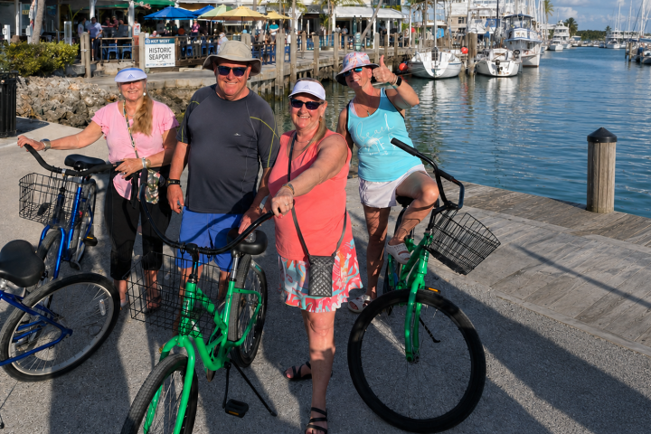 Group of four adults with bicycles by a marina on a sunny day.